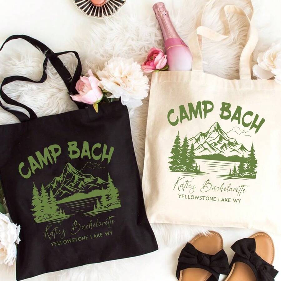 Custom  Inspired Bachelorette Tote Bag - Camp Bach Wedding Party Handbag, Durable Polyester Camping Bag For Bridal Showers, Girls Trip, Hiking Bach - Vintage Outdoor Wedding Decorations, Bachelorette Party Decorations, Mountain Graphic Design, Sturdy Handle Construction, 2D Flat - 黑色 - 查看 1