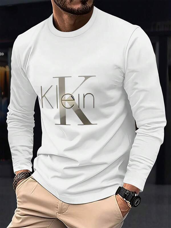 Maglietta a maniche lunghe da uomo con stampa digitale 3D - Girocollo casual rosso e nero con scritta stilosa, tessuto a media elasticità adatto per primavera/autunno, perfetta per abbigliamento casual, abbigliamento comodo | Abbigliamento casual moderno | Tessuto a media elasticità