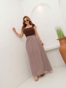AMY FASHION STRIPED LENGTH SKIRT WITH SLIT AND BAG, THICK WAIST, 2025 FASHION - Coffee Brown - View 2