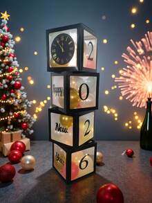 4件套2026中国新年快乐派对装饰套装，黑色和金色2026新年除夕派对气球盒，适用于2026新年派对装饰、新年除夕庆祝活动、新年除夕派对用品、拍照背景，易于组装，不含气球。 - 彩色 - 查看 4