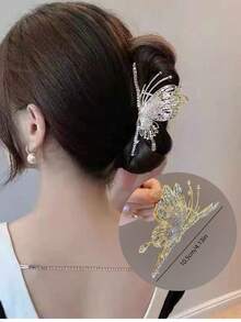 1件女款大號簡約蝴蝶髮夾，韓式水鑽仿珍珠鑲嵌金屬髮夾，髮飾髮夾髮爪，適合秋冬度假穿搭與夏季穿搭 - 金色 - 查看 6