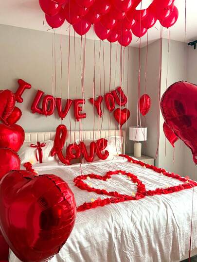 35pcs/Set "I Love You" Theme Balloon Set, 16" Red "I LOVE YOU" Letter Balloons, 18" Red Love Shape Foil Balloons, Red Latex Balloons, Suitable For Birthday Party, Singles Party, Engagement, Anniversary, Valentine's Day Decoration