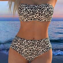 New European & American Sexy High Waist Leopard Print Bandeau Bikini 2 Pieces Swimsuit Set
