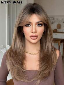 NICKY WALL Ombre Blonde Brown Wigs Long Straight Layered Wig With Curtain Bangs Dark Roots High Density Wig Heat Resistant Synthetic Fiber Wigs For Women & Daily Party Four Seasons Use 24 Inch - Brown Highlight - View 5
