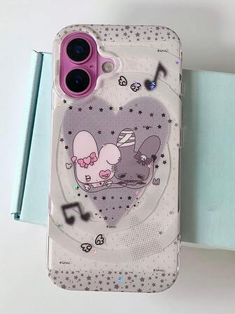 1 st. slumpmässig puderstjärna, sött grått hjärta, musiknoter, kaninmönster telefonskal, lyxigt moderiktigt sött stötsäkert skyddande fodral, lämplig för iPhone17/IPhone17 ProMax/IPhone16 Pro Max/IPhone15 Pro/IPhone14/IPhone13/12/11, kan ges som julklapp till familj, vänner, flickvän/pojkvän