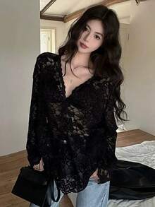 Sexy V-Neck Black Lace Blouse, Lightweight Cardigan Sheer Design Long Sleeve Top For Spring/Summer - Black - View 2