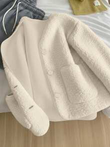 女士杏色泰迪绒仿毛皮纽扣长袖开衫外套，时尚外套，略带弹性