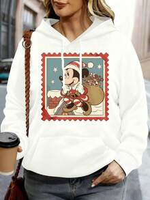 Disney Women Hoodie White Mickey Mouse Christmas Santa Claus Print Casual Winter Outwear - White - View 1