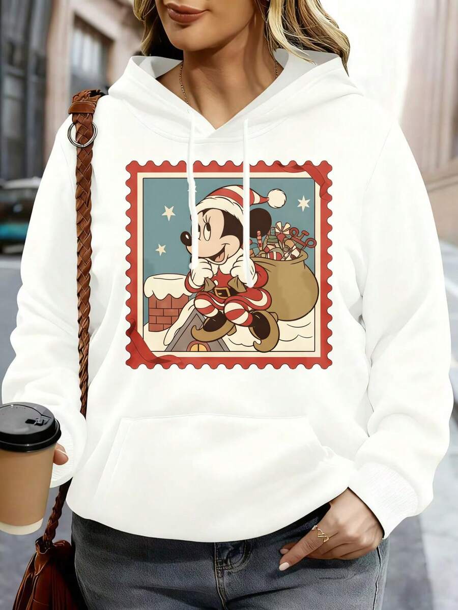 Disney Women Hoodie White Mickey Mouse Christmas Santa Claus Print Casual Winter Outwear - White - View 1
