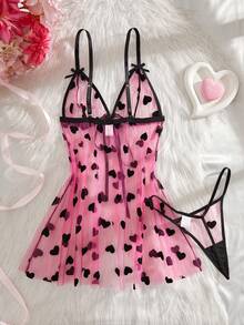 2pcs Women's Sexy Floral Mesh Robe Set, Front Tie Bow Decor Lingerie Set - Purple - View 3