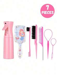 7件套方形梳子和喷雾瓶套装，卡通埃菲尔铁塔印花防静电塑料梳子，便携式图案发爪夹，高压喷雾瓶，适合儿童和女孩，普通发质，耐用ABS手柄，可爱方形设计，美发造型工具套装