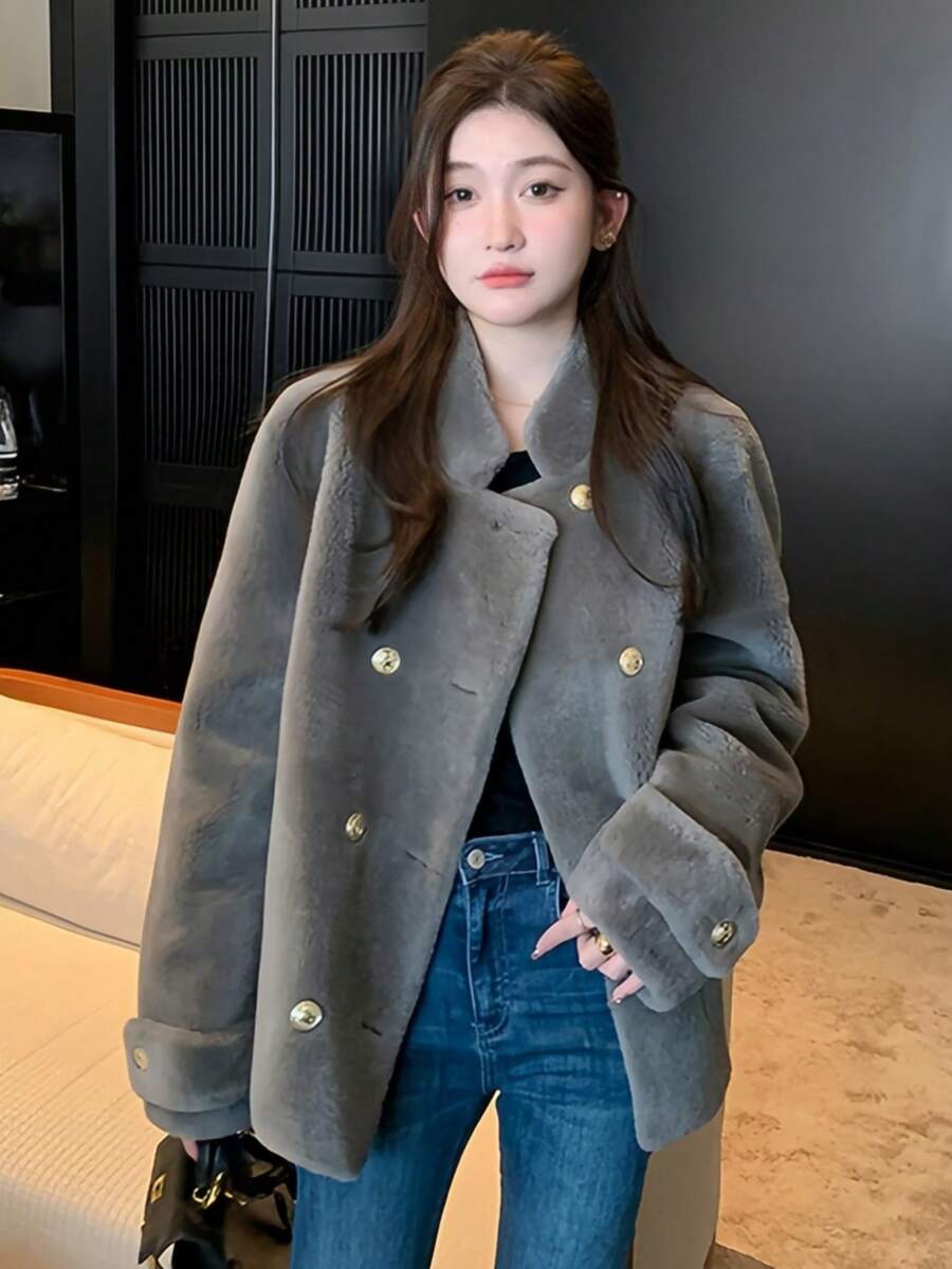 Elegant Winter Women Coat Fashion Grey Fuzzy Coats Chic Party Prom Fluffy Fur Jackets Long Sleeve Fur Jacket Female New Streetwear Going Out Tops With Pocket Warm Thick Halloween Christmas New Year Clothes Thanksgiving Outfit