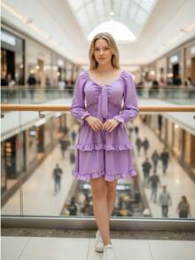 VESTIDO CORTO MANGA LARGA CON RESORTE ESTILO CAMPIRANO DOBLE OLAN TELA CEY. MOD. ELSIE - Lila Púrpura - Ver 7