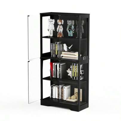 Four-Tier Display Cabinet With Storage Space, LED Lighting, Glass Doors, And Smart Sensors. Ideal As A Dust-Free Display Case For The Living Room, Bedroom, And Office. Black.