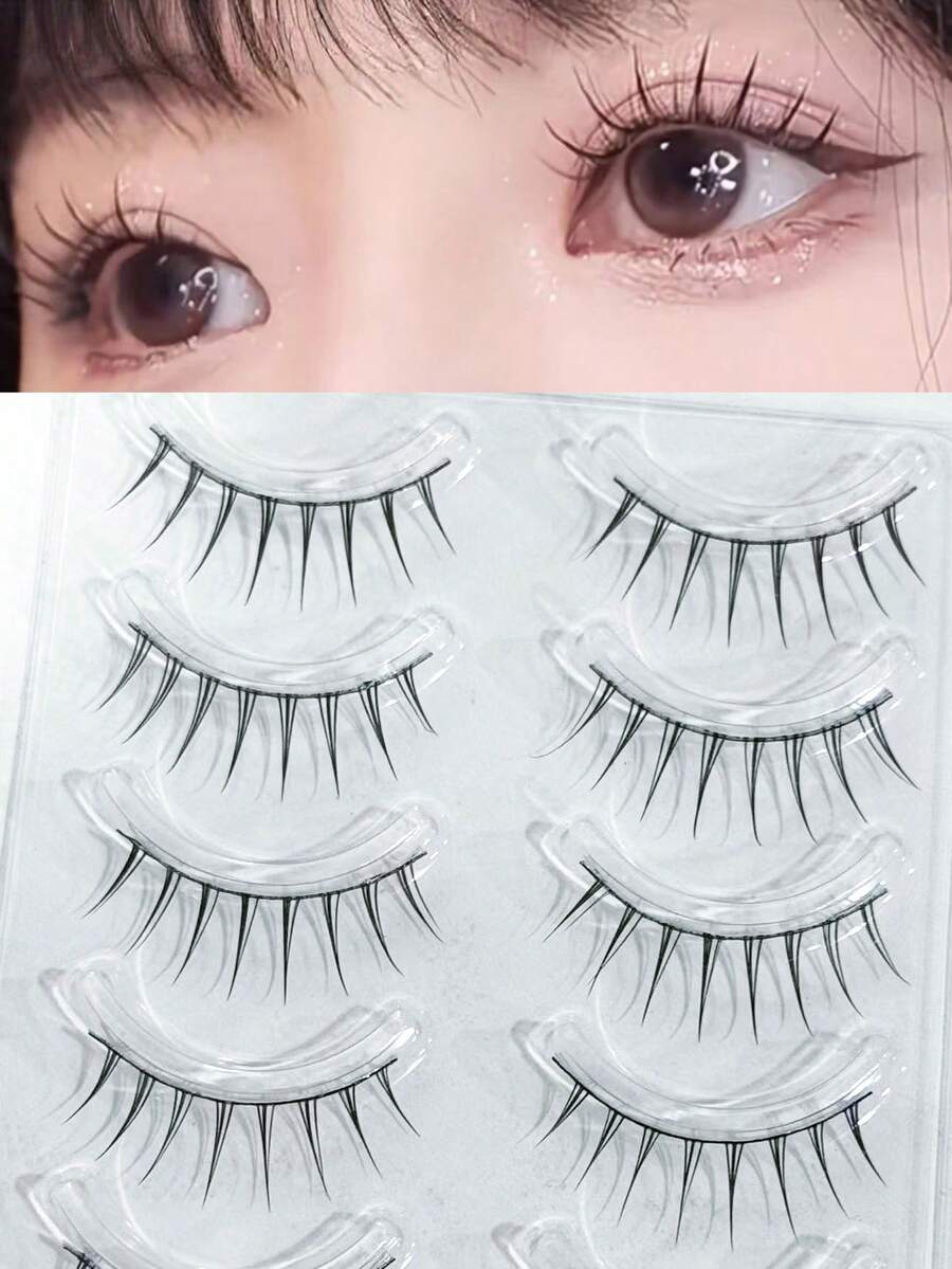 10pcs/Set Korean Style Wispy Thin False Eyelashes With Self-Adhesive Eyeliner, Transparent & Defined Look