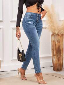 Jean skinny taille mi-haute déchiré - Denim stretch avec braguette à boutons, pantalon slim classique délavé et déchiré - Jean bleu - Voir 3
