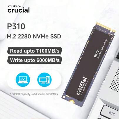 CRUCIAL محرك أقراص SSD P310 كروشيال 500 جيجا/1 تيرا/2 تيرا M.2 2280 PCIe الجيل الرابع داخلي، بسرعة تصل إلى 7100 ميجا بايت/الثانية، للألعاب على أجهزة الكمبيوتر المحمولة والمكتبية، محرك أقراص SSD، بناء عالي الأداء، ترقية الكمبيوتر، بناة الكمبيوتر، ترقية الكمبيوتر للألعاب، تصميم أنيق