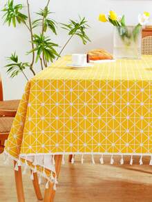 MineLain 1pc Bohemian Yellow Geometric Tablecloth, Rectangular Tablecloth With Beige Tassel Decor, Washable, Suitable For Coffee Table, Bedside Cabinet, Dining Table Decoration, Home Decor, Dining, Gathering, Party And Holiday Events, Daily Home Decor, Spring/Summer - Yellow - View 9