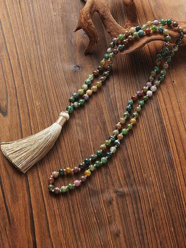 YAUKIA Collar largo con borla de nudo de ónix de 6 mm, collar de cuentas de meditación bohemia de 108 Mala, joyería de oración de yoga para mujeres y hombres