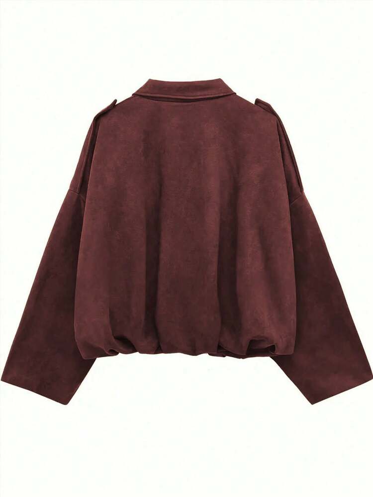 Plus Size Jacket With Batwing Sleeves, Zipper, Silver Buttons, Pleated Hem, Women's Fashion Soft Fabric Long Sleeve Street Style Loose Fit Lightweight Jacket For Spring & Autumn - Purple - View 4