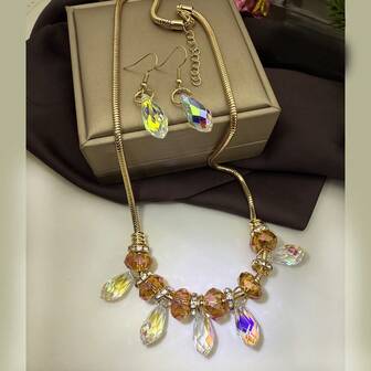 一套优雅时尚项链和耳环，闪亮流苏水滴形仿水晶手工串珠项链，适合女性，节日派对装饰，礼品套装