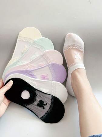 12pcs/6pcs/3pcs Lace Bow Sheer Ice Silk Invisible Socks, Popular Thin Shallow Mouth Boat Socks, Breathable Colorful Invisible Boat Socks For Summer