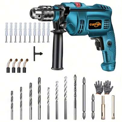 curran Un juego de taladro de impacto con accesorios, taladro eléctrico enchufable, taladro manual, juego de herramientas eléctricas, taladro eléctrico, perforación para decoración del hogar, herramienta de carpintería, taladro eléctrico, herramienta de decoración del hogar, ajuste de dos velocidades, interruptor de taladro eléctrico y de impacto + 7 cabezales de perforación + función horizontal + función de ajuste de velocidad