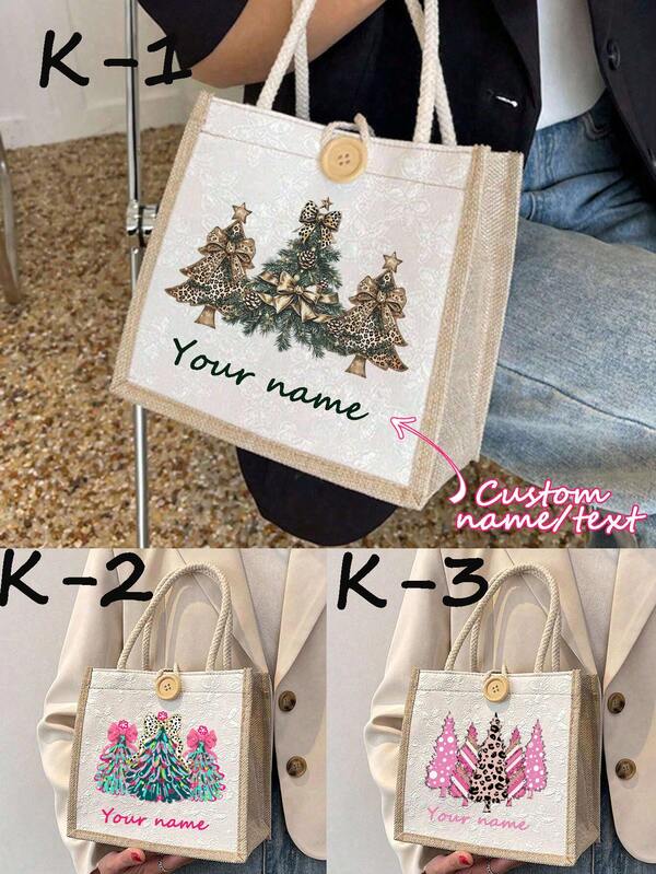 1pc Personalized Customizable Christmas Print Linen Tote Bag, Reusable Printed Women'S Tote Bag, Double Handle Shopping School Bag, Large Capacity Shoulder Bag, Casual Tote Bag, Christmas Storage Bag, Suitable For Commuting, School And Shopping, Convenient For Outdoor Use, Gift For Friends And Besties, Teacher Gift, Perfect Choice For Vacation And Festival