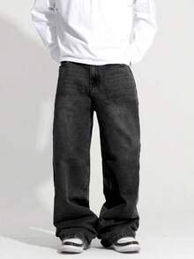 1件 Justice Brother 男士加大码黑色休闲宽松阔腿牛仔裤（不含腰带和配饰）