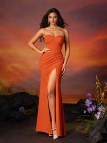 VIPGIRL Orange Strapless Slit Elegant Bridesmaid Dress - Orange - View 8