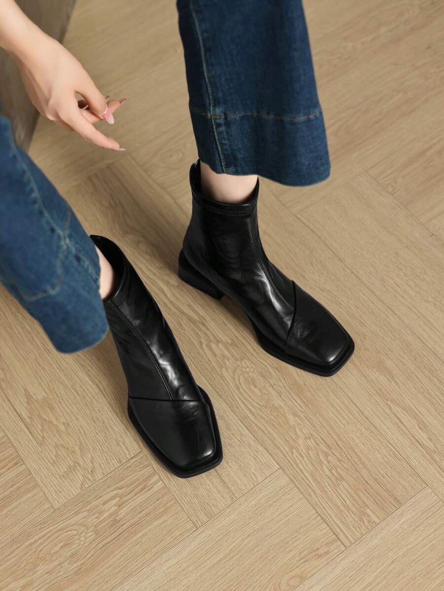 Damen Französischer Stil vielseitige Ankle Boots, modische Plateau-Absatz Stiefeletten mit Reißverschluss hinten, Herbst/Winter - Schwarz - Übersicht 1