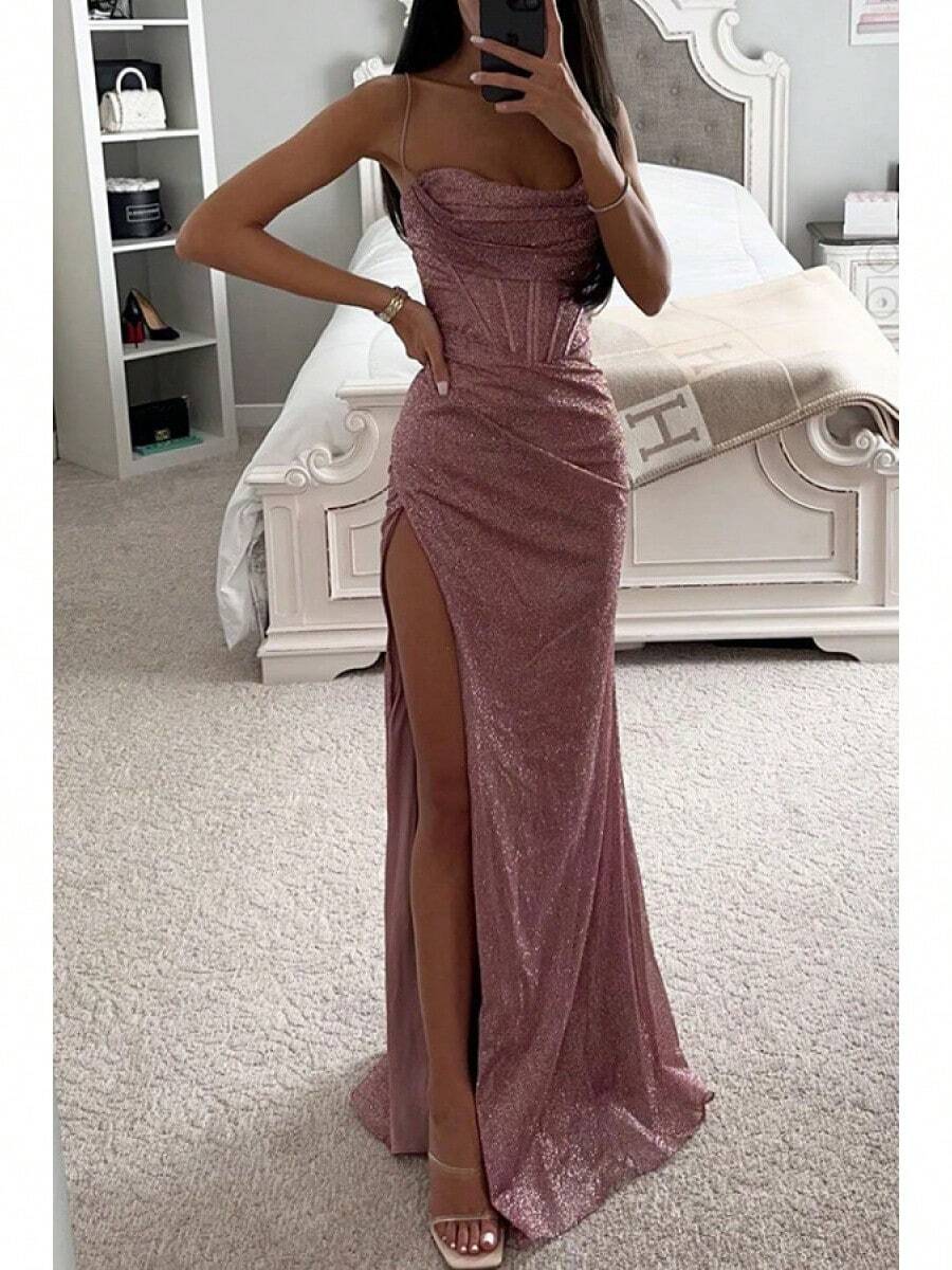Women's Fashion Sexy European And American Hot-Selling Dress Long Gown Party Evening Dress - 藕色 - 查看 1