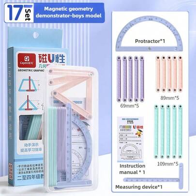 17 kit magnetici di geometria flessibile - incastro con angoli flessibili e strisce triangolari, dotati di goniometri, realizzati in plastica resistente per l'esplorazione educativa di forme e relazioni angolari