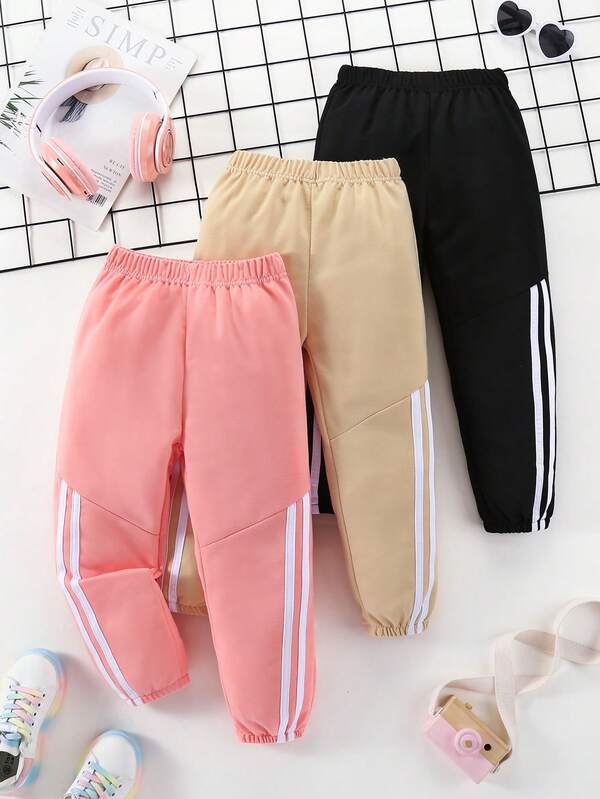 3pcs Young Girl Sports Pants, Girls' Solid Color Drawstring Casual Joggers, Suitable For Outdoor Activities, Spring/Autumn