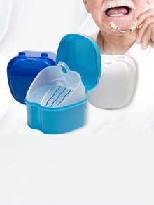 1Pc False Teeth Case Dental Retainer Denture Bath Box Mouth Guard Orthodontic Cleaning Artificial Tooth Holder Oral Hygiene Supplies False Teeth Storage Box With Hanging Net Container - Multicolor - View 4