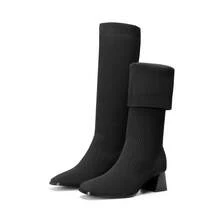 Women's Square Toe Chunky Heel  Knee High Boots Stretchy Fit Ribbed Upper Fashionable Tall Boots - 黑色 - 查看 2