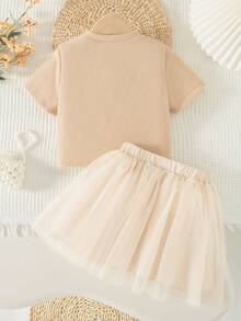 2pcs/Set Girls Casual Everyday Wear Solid Color Bow Decor Round Neck Short Sleeve Top And Mini Skirt Set, Summer - Khaki - View 2