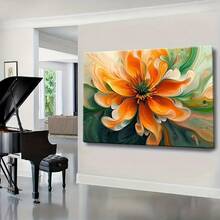 Large Framed Abstract Marbled Liquid Paint Flower Canvas Wall Art - Green, Golden, Orange, Black, White, Beige Modern With Wrap-Around Wood Frame For, Bedroom, Hallway Decor - Elegant Decoration, Gallery-Wrapped Poster, Vibrant Swirling Petals In,Room Ready To Hang Wrapped Canvas With Frame,Can Be Hung - 橘色 - 查看 3