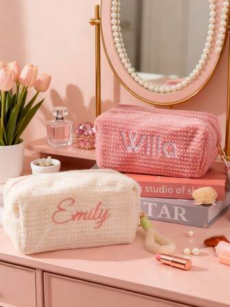 1pc Customized Handmade Embroidery Plush Material Children's Pencil Case Storage Bag, Kids Backpack, Pencil Pouch, Fashion Bag For Girls, Cosmetic Bag, Children's Birthday Gift, Holiday Gift, Bridesmaid Gift, Travel Organizer, Toiletry Bag