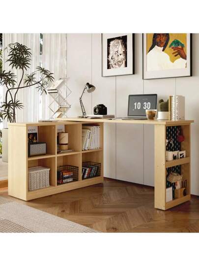 140 104 75cm Multifunctional Office Table, Six Compartment Storage Cabinet Shelf, Wide Thick Desktop, Per ated Board Super Load Bearing, Changeable Shape, Natural view 5