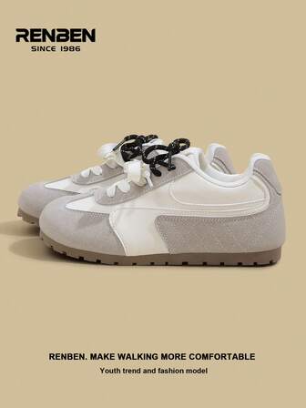 RENBEN 1 Pair Retro Style Lace-Up Patchwork Sneakers For Women, Lightweight Casual Soft Sole Breathable Sports Shoes, Fashionable Racing Shoes, Spring/Autumn 2025 New Arrival