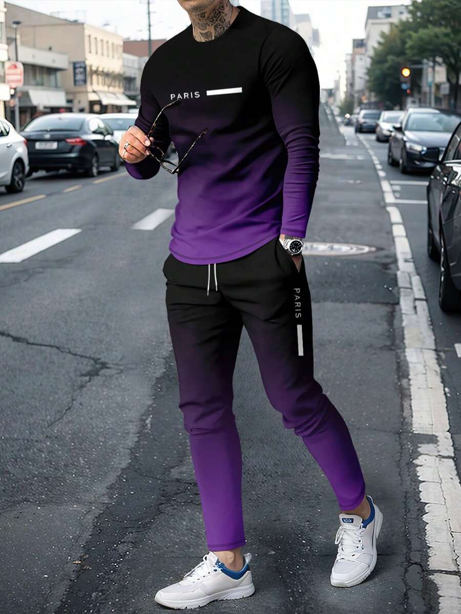 Men's Ombre Print Long Sleeve T-Shirt And Pants Set - Purple - View 1