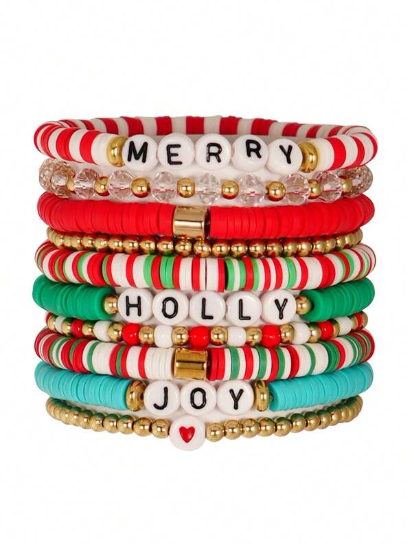 Conjunto de 10 pulseiras artesanais coloridas de argila polimérica com miçangas, multicamadas, perfeitas para usar em festas de Natal e como presente.