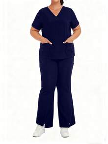 cimmuovere Ensemble de blouse et pantalon fendu pour femmes grandes tailles, col en V unicolore, manches courtes. Tenue de travail pour infirmière, laboratoire ou vétérinaire, avec poches. Printemps - Bleu marine - Voir 10