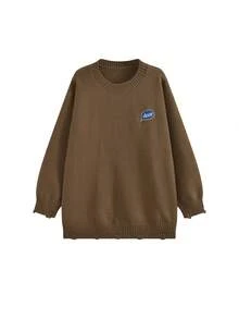 Loose Oversized Knit Sweater For Women, Thick Pullover With Embroidery, Winter - Brown - View 4