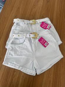 Women's White Mom Denim Shorts With Belt, High Waist - No Elastane, 100% Cotton - 白色 - 查看 4