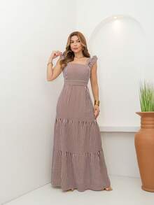 AMY FASHION STRIPED LONG DRESS WITH RUFFLE DECIDED DUNE FASHION 2024 - Cà phê nâu - Xem 6