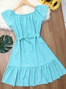 Floral Polka Dot Print With Belt And Ruffled Hem. Beachwear, Women's Fashion. - 水綠色 - 查看 3