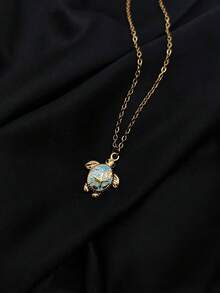 1件18K镀金不锈钢波西米亚蓝海龟吊坠项链，夏威夷海洋生物海滩度假颈链 - 金黃色 - 查看 3