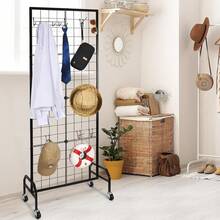 Grid Wall Panel, 1.9 X 5.4 Ft Wire Grid Panels Display Rack, Movable Art Display Shelf With Wheels And 10 Hooks, Black Carbon Steel Gridwall For Craft Show, Decoration, Storage, Notice Board - màu đen - Xem 1